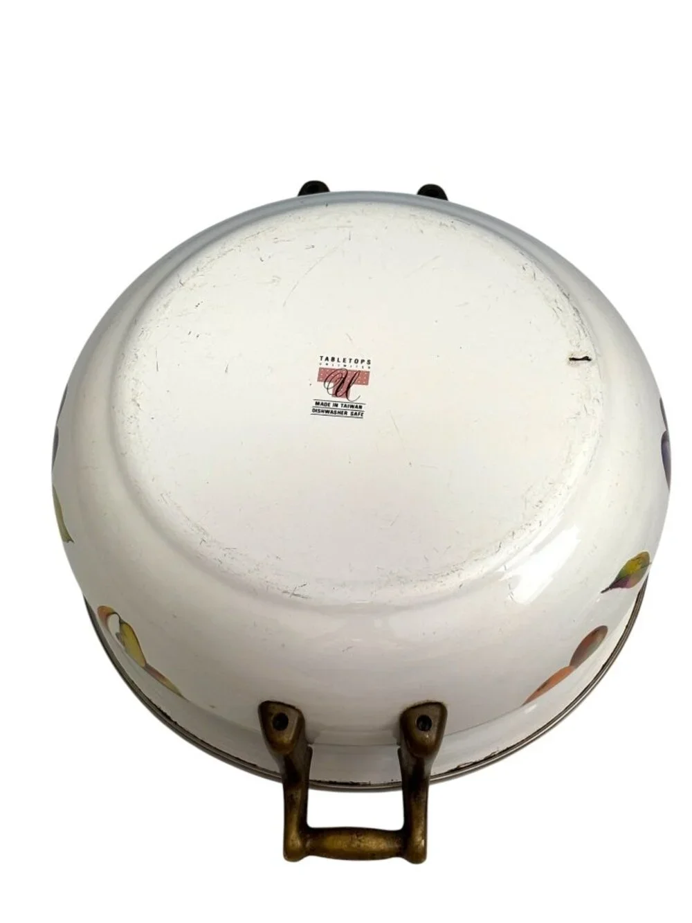 Vintage Enamel Fruit Motif Casserole Dish With Lid & Brass Handles